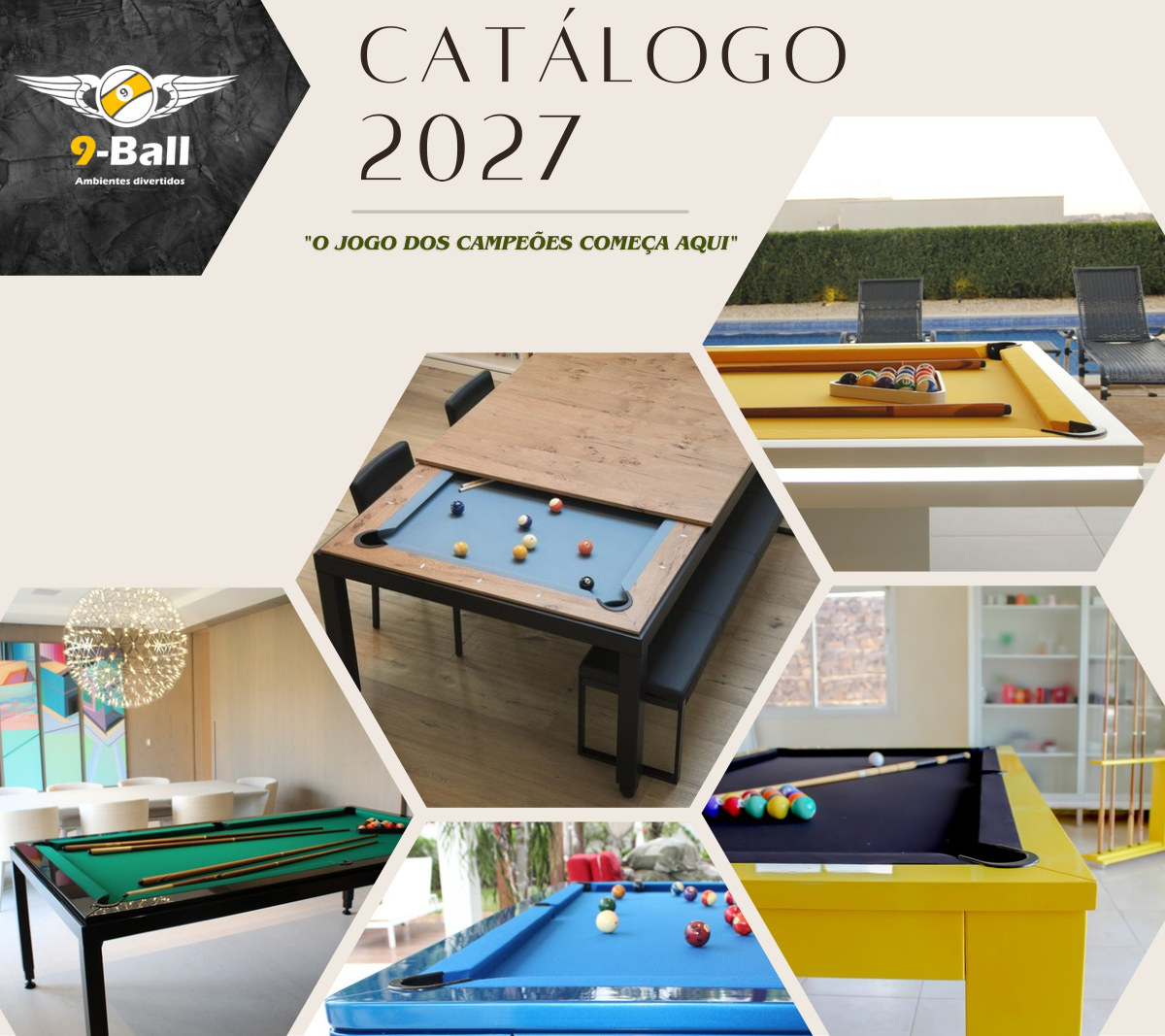 Capa do Catálogo 2027 da 9-Ball: mesas de sinuca e jantar, tampos gourmet e acessórios premium.